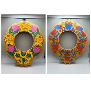 Double Sided Wooden Dutch Folk Art Wreath Handpainted Floral Bird 13x12" MCM